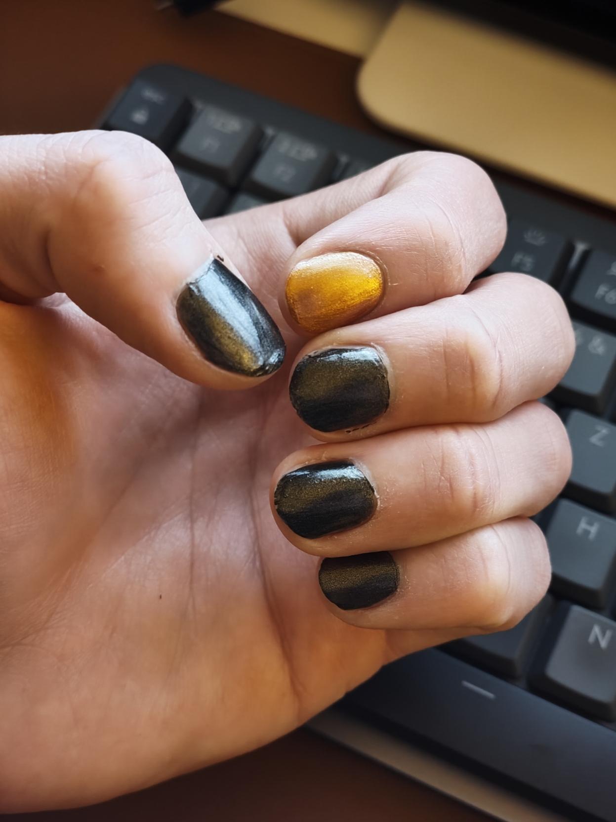 A photograph of a my left paw showing my painted nails. All fingers but the index finger are black. The index finger is golden.