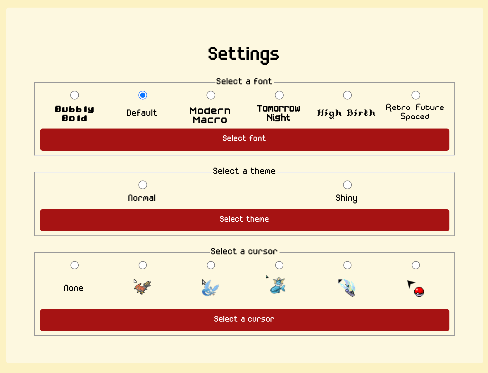A screenshot showing a settings page where you can choose between different fonts, themes and cursors on a website.