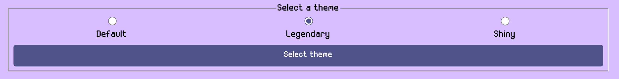 A screenshot showing three different themes that can be selected: Default, Legendary and Shiny.