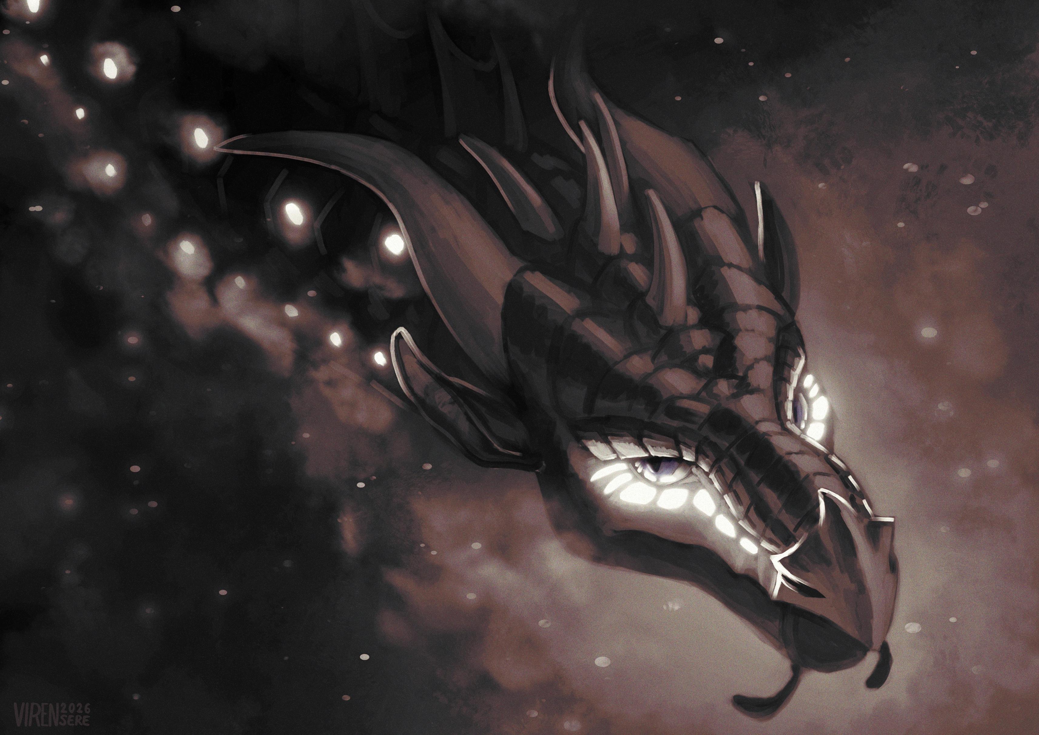 A mostly black and white drawing of the head and neck of a SeaWing-NightWing dragon with glowing scales in a mysterious foggy environment.