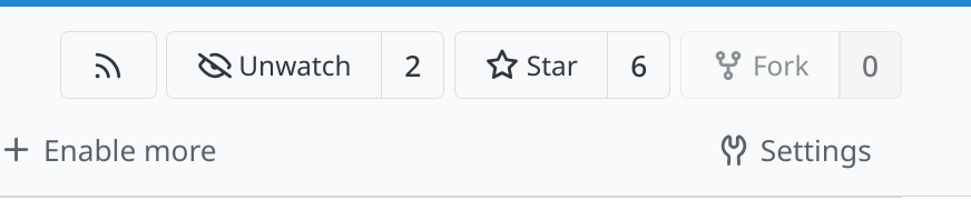A screenshot showing the watch and star stats of a Codeberg repo. 2 people are watching it and 6 people have starred it.