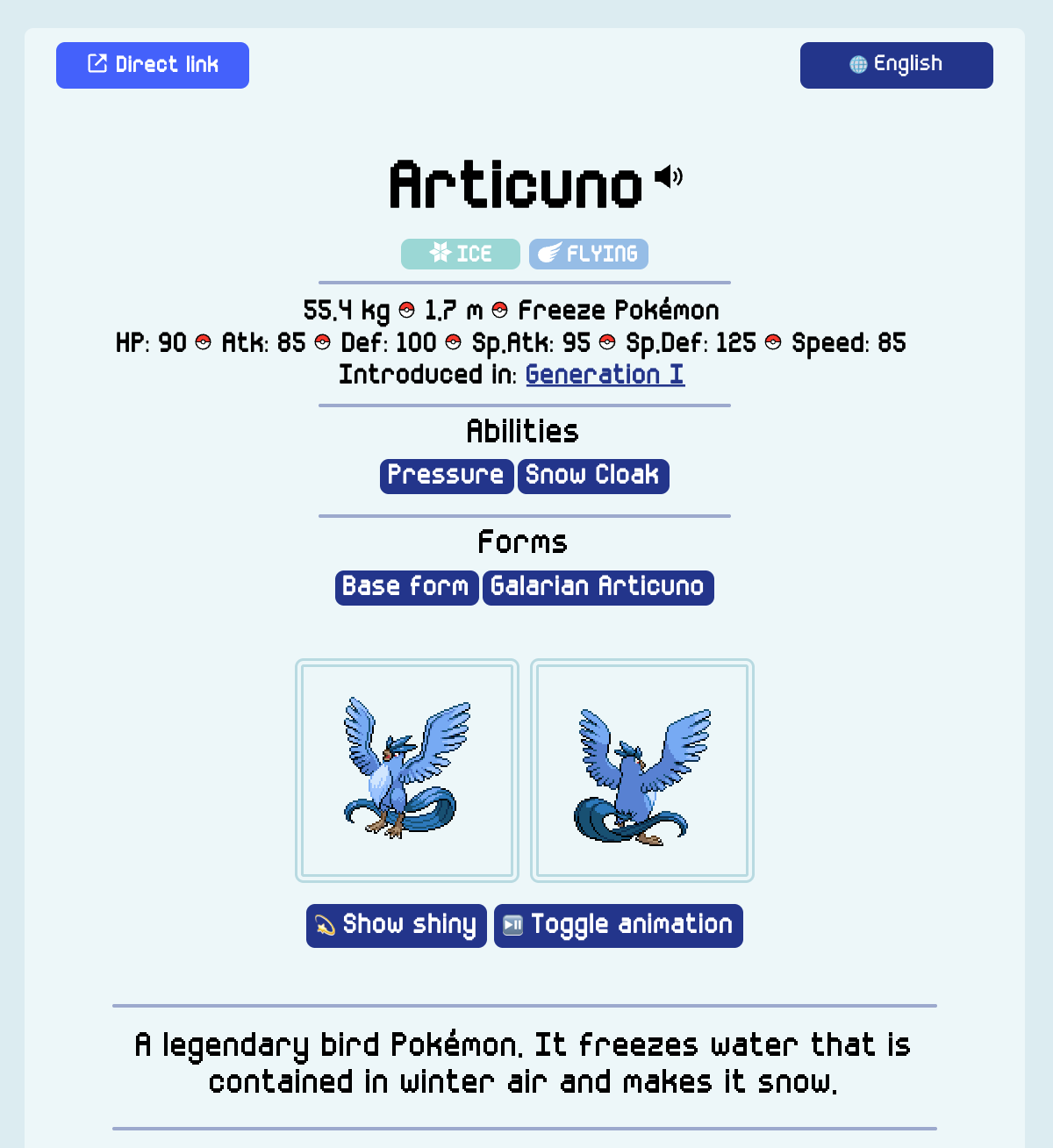 A screenshot from Theriodex showing regular Articuno. There is a section titled "forms" which shows both "Base form" and "Galarian Articuno".