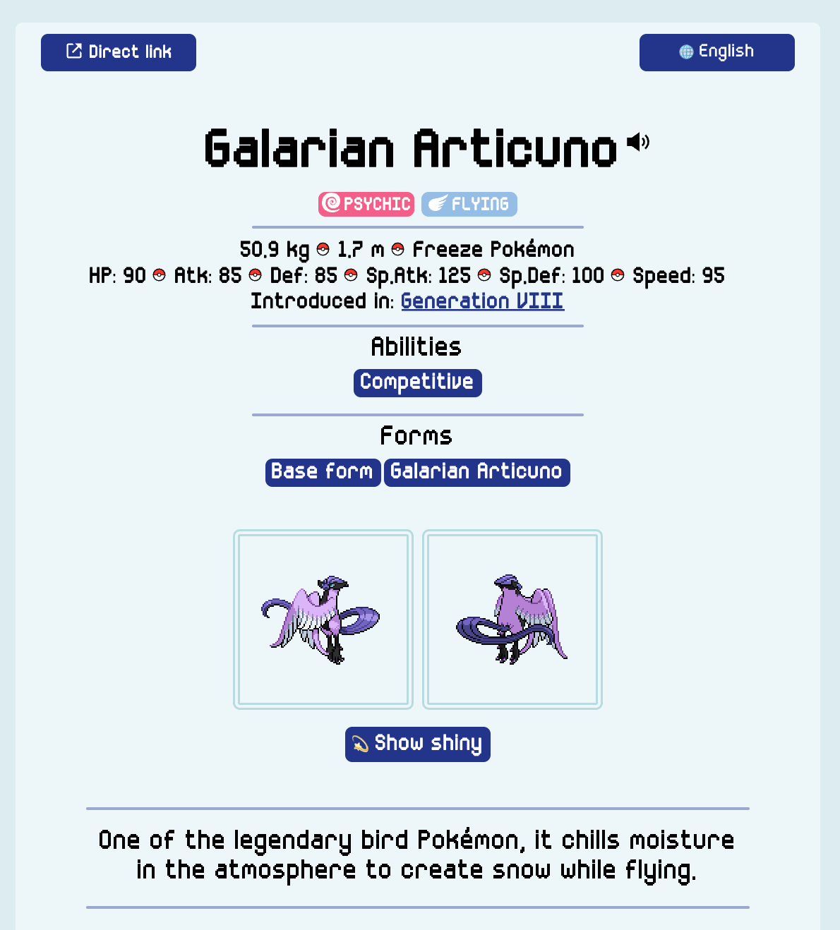 A screenshot from Theriodex showing Galarian Articuno. This entry differs from the regular Articuno one in abilities, types and stats! There is a section titled "forms" which shows both "Base form" and "Galarian Articuno".