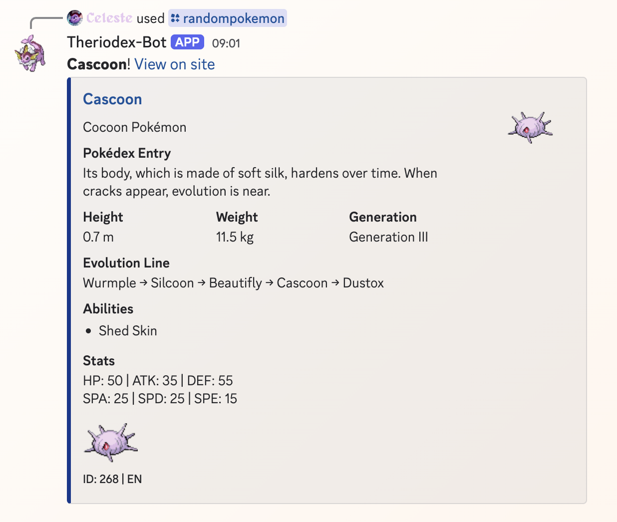 A screenshot from Discord showing an embed about the Pokémon "Cascoon" with details about its evolutions, abilities, stats and a Pokédex entry.